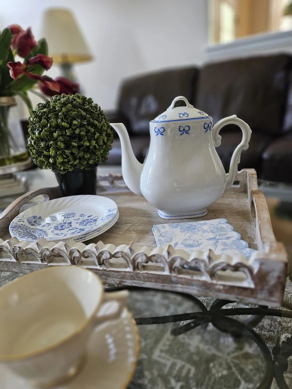 Ruban Blue by Vista Alegre White Porcelain Teapot with Blue Ribbon Trim. Mint!